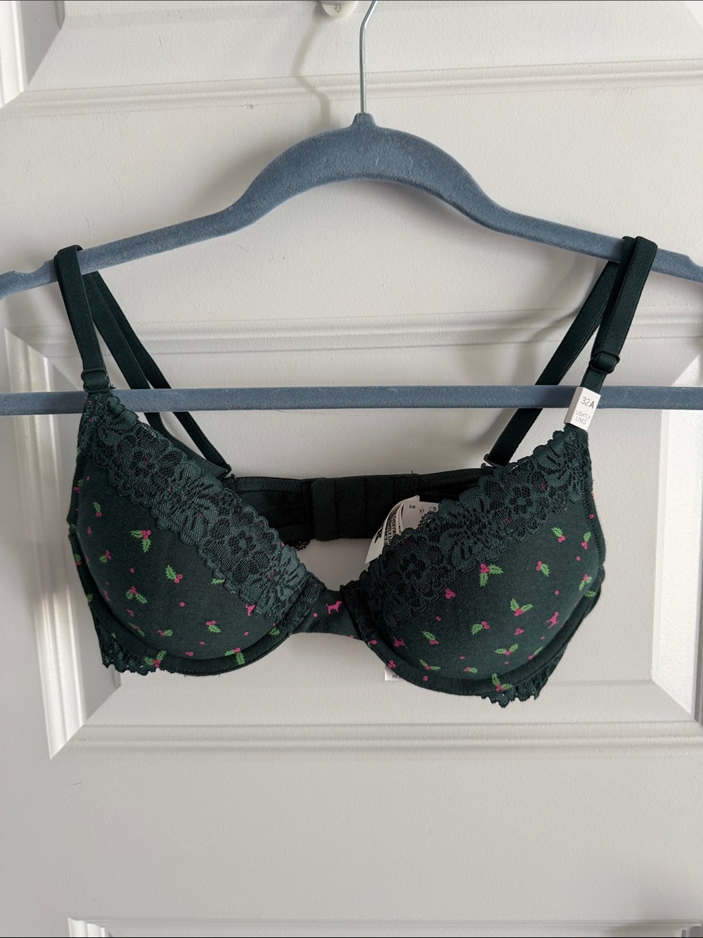 Dark Green poinsettia Lace Trim Floral Push-Up Bra